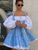 Rochii de damă cu imprimeu subțire și sexy Clacive, rochie mini cu mâneci bufante, la modă 2024, cu guler pătrat, elegantă, plisată, pentru femei.