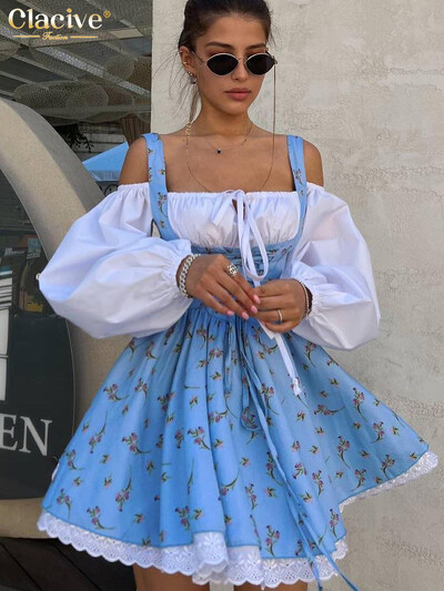 Rochii de damă cu imprimeu subțire și sexy Clacive, rochie mini cu mâneci bufante, la modă 2024, cu guler pătrat, elegantă, plisată, pentru femei.