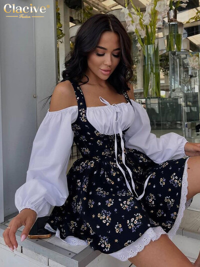 Rochii de damă cu imprimeu subțire și sexy Clacive, rochie mini cu mâneci bufante, la modă 2024, cu guler pătrat, elegantă, plisată, pentru femei.