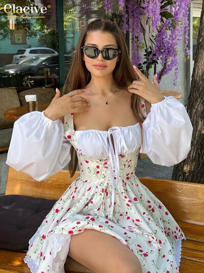 Rochii de damă cu imprimeu subțire și sexy Clacive, rochie mini cu mâneci bufante, la modă 2024, cu guler pătrat, elegantă, plisată, pentru femei.