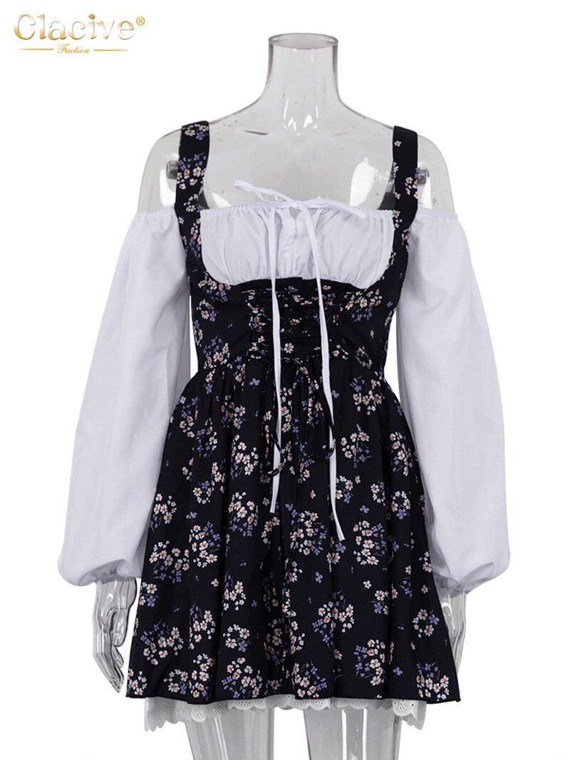 Rochii de damă cu imprimeu subțire și sexy Clacive, rochie mini cu mâneci bufante, la modă 2024, cu guler pătrat, elegantă, plisată, pentru femei.