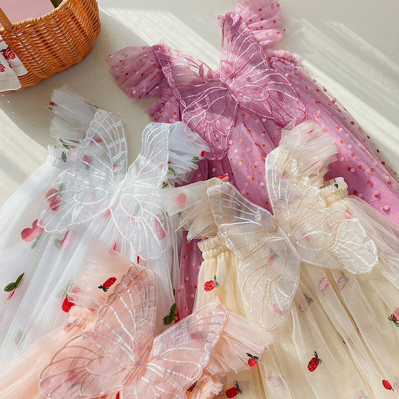 Rochie dulce pentru fetiță, broderie de cireșe, rochie de prințesă de vară, pentru copii mici, pentru petrecerea de aniversare, rochii cu mâneci zburătoare, haine de zi cu zi