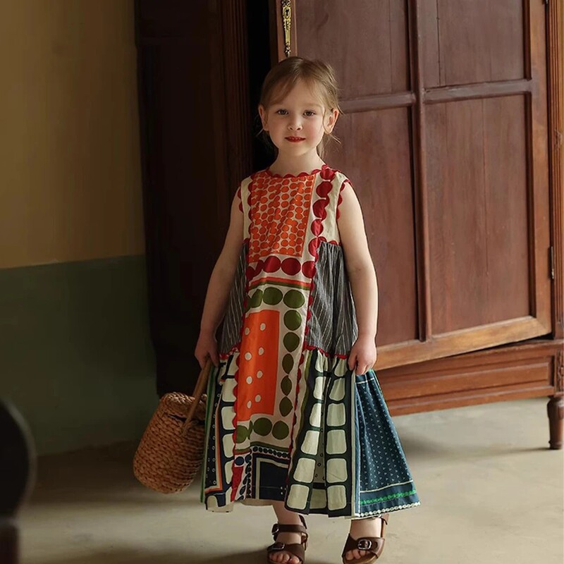 Bear Leader mergaičių suknelė Vasarinė vaikiška madinga apvaliu kaklu Berankovių geometrinė daugiaspalvė suknelė Patogi laisvalaikio suknelė