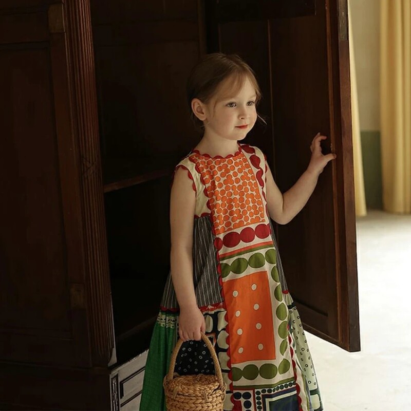 Bear Leader mergaičių suknelė Vasarinė vaikiška madinga apvaliu kaklu Berankovių geometrinė daugiaspalvė suknelė Patogi laisvalaikio suknelė