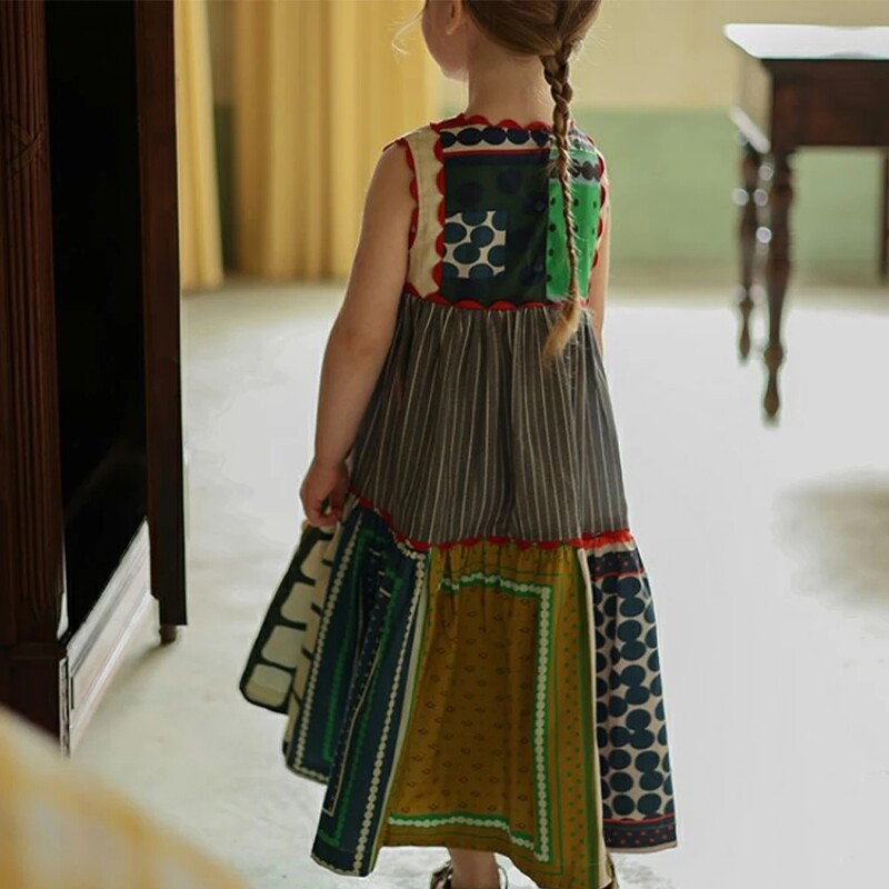 Bear Leader mergaičių suknelė Vasarinė vaikiška madinga apvaliu kaklu Berankovių geometrinė daugiaspalvė suknelė Patogi laisvalaikio suknelė