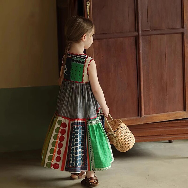 Bear Leader mergaičių suknelė Vasarinė vaikiška madinga apvaliu kaklu Berankovių geometrinė daugiaspalvė suknelė Patogi laisvalaikio suknelė