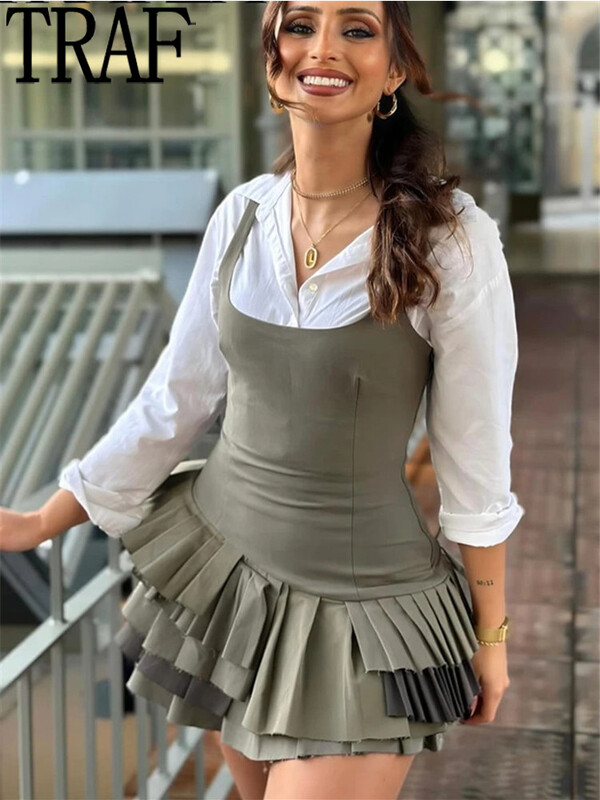 TRAF 2024 Ženska slip mini haljina bez rukava Ženska plisirana haljina uz rub s volanima, asimetrična, seksi kratke party haljine bez leđa