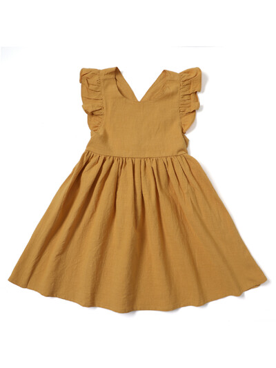 Vabaaja stiilis varrukateta beebitüdruku riided Lendav varrukas puuvillane ja linane materjal Mitmekülgne ühevärviline printsesskleit