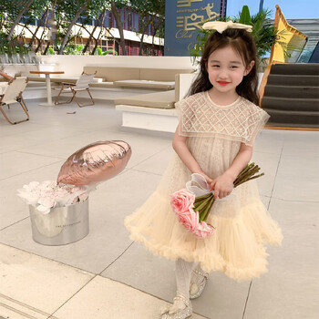 Κοριτσίστικα τούλι Super Fairy Princess Dresses Fly Sleeve Rainbow Star Sequined Cake Dress Children Mesh Puffy Birthday Party Vestidos