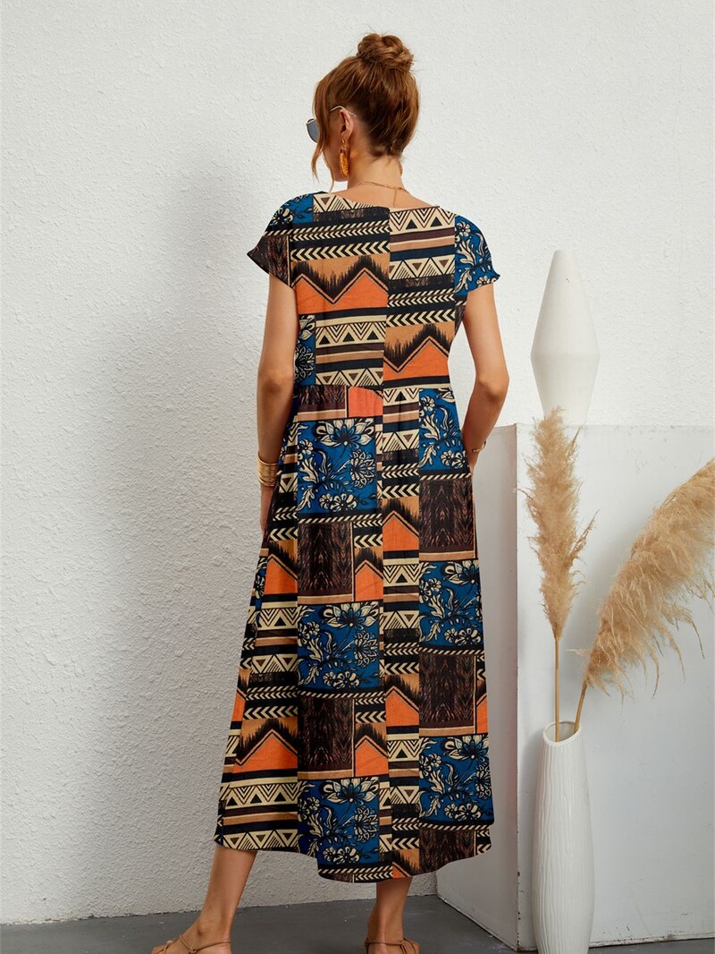 Ženske ljetne ležerne haljine modnog stila kratkih rukava s printom O-izreza i džepovima