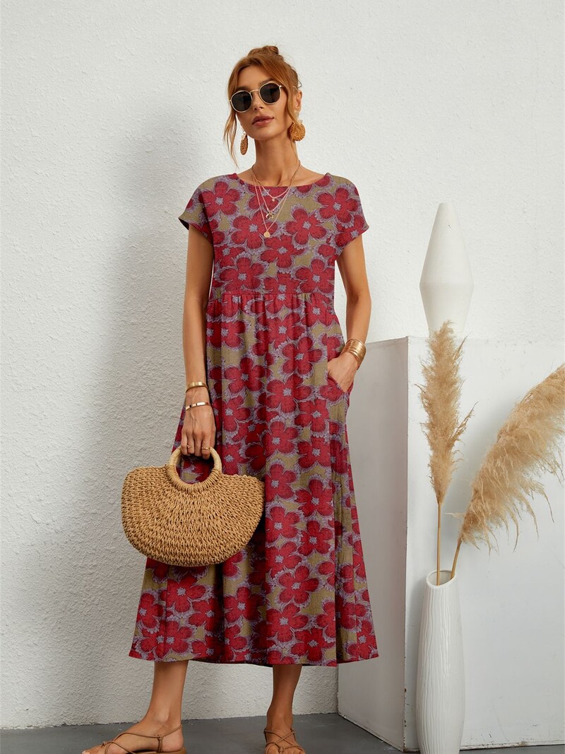 Ženske ljetne ležerne haljine modnog stila kratkih rukava s printom O-izreza i džepovima