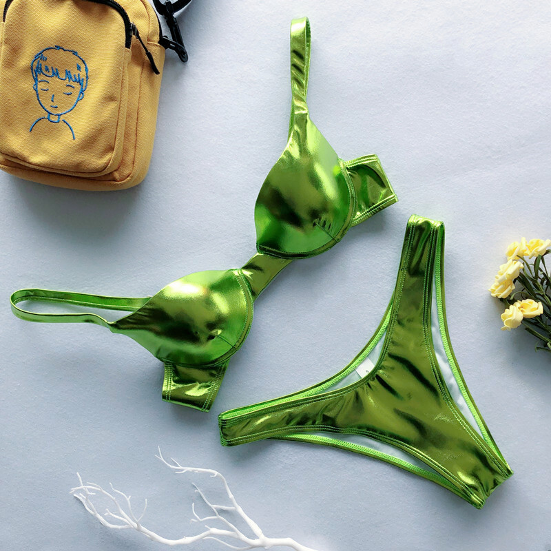 Metalinis vasaros push Up paminkštintas liemenėlės maudymosi kostiumėlis paplūdimio drabužiai moterims Seksualūs stringų bikinio rinkiniai Sidabrinės auksinės spalvos Dropshipping Biquini maudymosi kostiumėliai