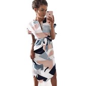 Κομψό γυναικείο φόρεμα, κοντομάνικο, V λαιμόκοψη, τουνίκ ζώνη, στάμπα γεωμετρίας, ακανόνιστο, Office, Ευρωπαϊκό και Αμερικάνικο, καλοκαίρι