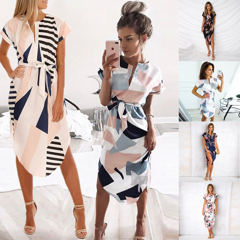 Κομψό γυναικείο φόρεμα, κοντομάνικο, V λαιμόκοψη, τουνίκ ζώνη, στάμπα γεωμετρίας, ακανόνιστο, Office, Ευρωπαϊκό και Αμερικάνικο, καλοκαίρι