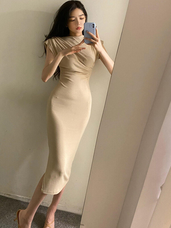 Suvine uus lühikeste varrukatega naiste voldid vabaaja võlu, õhuke, kõrge vöökohaga lõhestatud pikk jõulukleit Seksikas mähisega puusa õrn soliidne W9YK