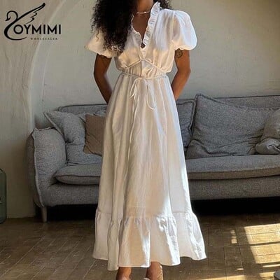 Oymimi Κομψά λευκά βαμβακερά γυναικεία φορέματα Μόδα κοντό μανίκι V-λαιμόκοψη Φορέματα με κορδόνια καλοκαιρινό φαρδύ γυναικείο φόρεμα μέχρι τον αστράγαλο