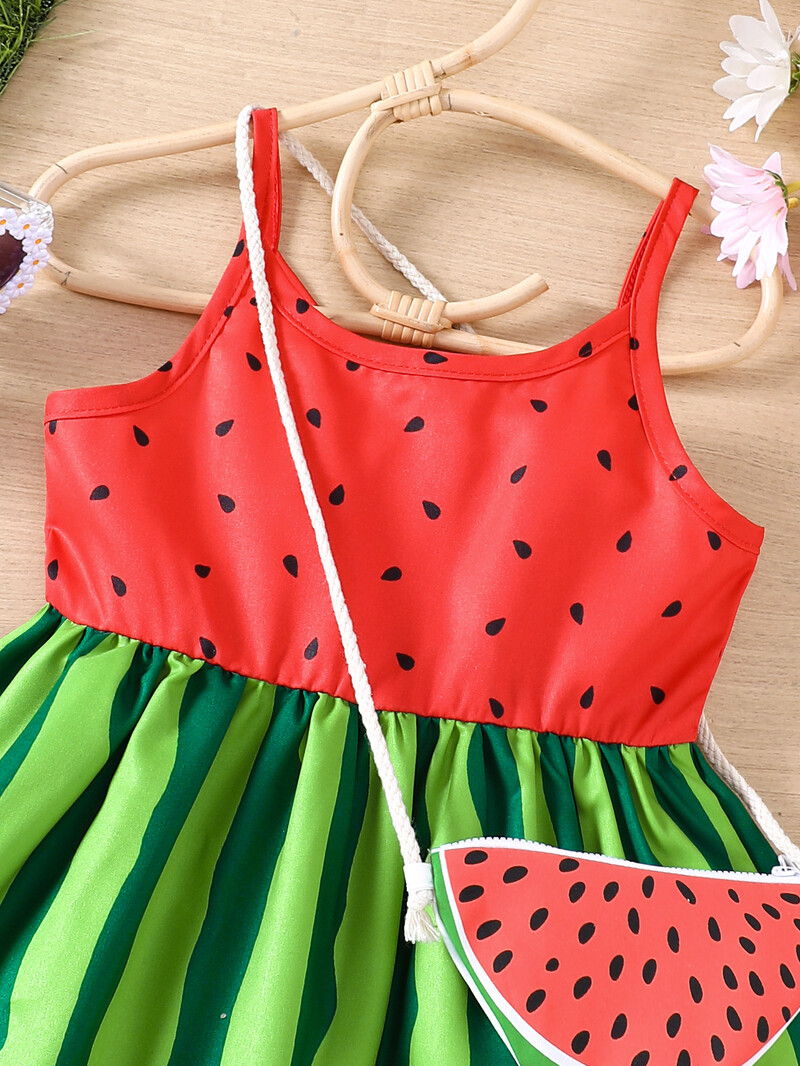 Mergaičių nauja vasaros laisvalaikio atostogų stiliaus tendencija arbūzo stiliaus marginta suknelė + su arbūzo kuprinėliu