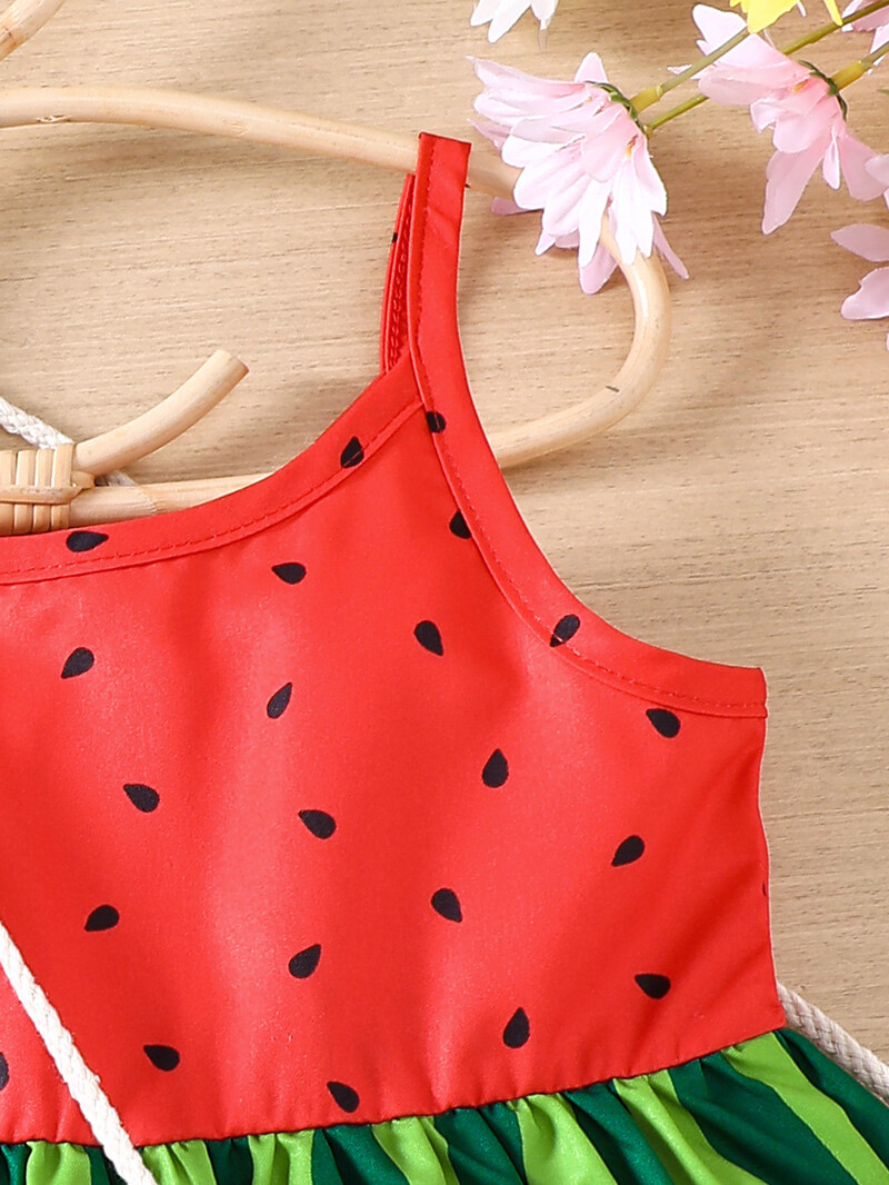 Mergaičių nauja vasaros laisvalaikio atostogų stiliaus tendencija arbūzo stiliaus marginta suknelė + su arbūzo kuprinėliu
