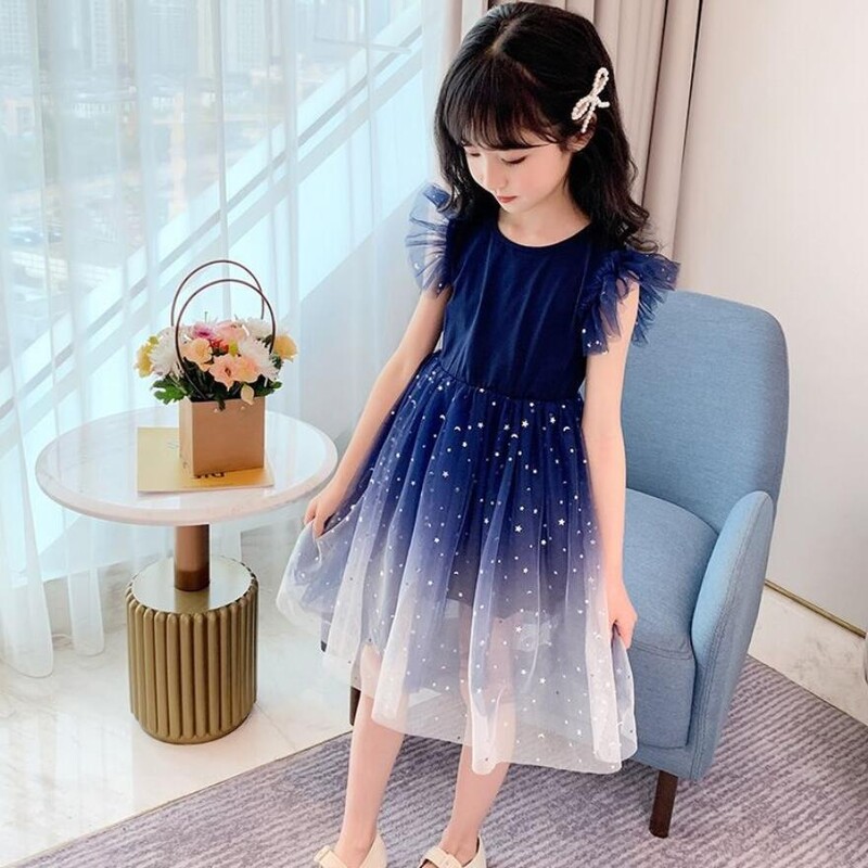 Tüdrukute tähistaevalik gradientprintsesskleit suvine varrukateta moodne marli kleit uusaasta laste sünnipäevakingitus