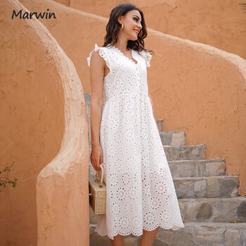 Marwin Long Simple Casual Solid Hollow Out Pure Cotton Holiday Style Ψηλόμεση Μόδα καλοκαιρινά φορέματα στη μέση της γάμπας ΝΕΑ Vestidos