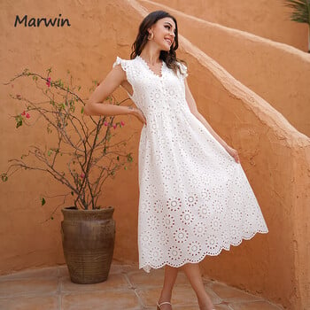 Marwin Long Simple Casual Solid Hollow Out Pure Cotton Holiday Style Ψηλόμεση Μόδα καλοκαιρινά φορέματα στη μέση της γάμπας ΝΕΑ Vestidos