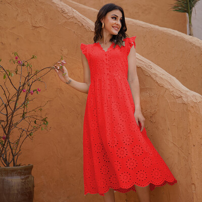 Marwin Long Simple Casual Solid Hollow Out Pure Cotton Holiday Style Ψηλόμεση Μόδα καλοκαιρινά φορέματα στη μέση της γάμπας ΝΕΑ Vestidos
