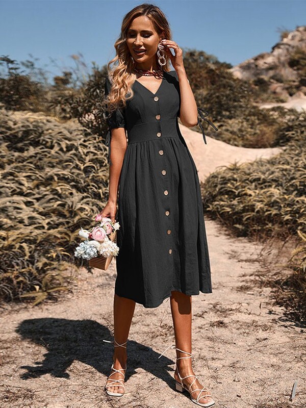 Suvine naiste lühikeste varrukatega V-kaelusega ühevärviline üherealine puuvillane linane kleit