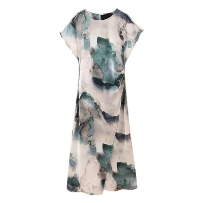 TRAFZA uus suvine naiste moekas lipsuga värvitud siidist satiinkleit, šikk ümmarguse kaelusega, paaritu ümbrislõhikuga, naiste lukuga Midiseelik