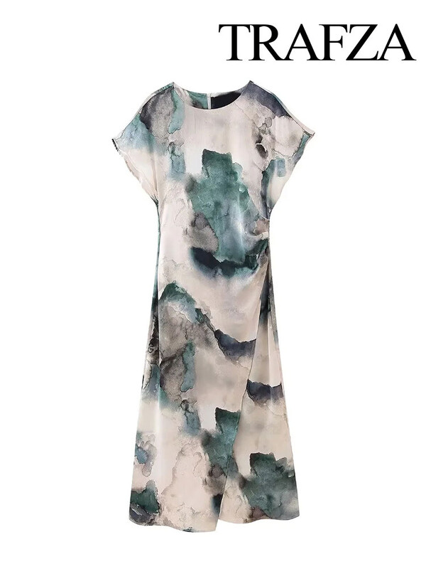 TRAFZA uus suvine naiste moekas lipsuga värvitud siidist satiinkleit, šikk ümmarguse kaelusega, paaritu ümbrislõhikuga, naiste lukuga Midiseelik