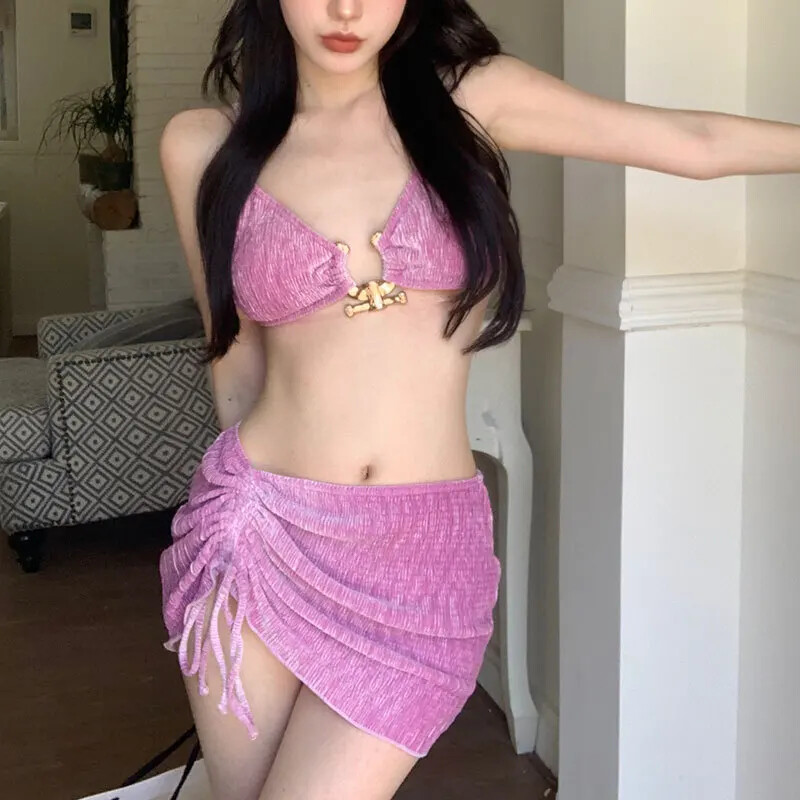 Vasaros maudymosi kostiumėlių moteriškas seksualus bikinio komplektas šventinis stilius Seksualus suskirstytas maudymosi kostiumėlio sijonas paplūdimio moteriškas seksualus trijų dalių rinkinys