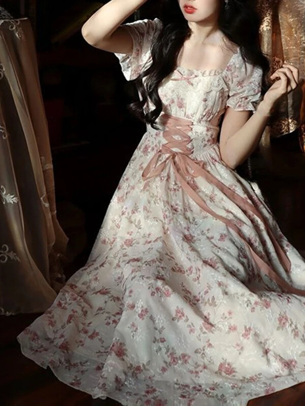 Ljetna korejska modna vilinska haljina od čipke, ženska kawaii haljina s četvrtastim ovratnikom i cvjetnim printom, ženska haljina s povezima, slatka haljina 2024.