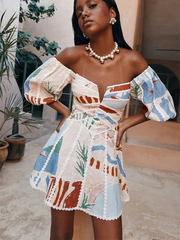 Mados spausdinimas su pūstomis rankovėmis atostogų mini suknelės moteriškos elegantiškos trumpos suknelės aukštu juosmeniu 2024 m. vasaros moteriškos prašmatnios atostogų šventės