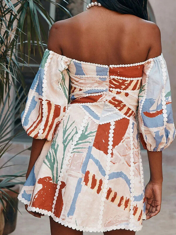 Mados spausdinimas su pūstomis rankovėmis atostogų mini suknelės moteriškos elegantiškos trumpos suknelės aukštu juosmeniu 2024 m. vasaros moteriškos prašmatnios atostogų šventės