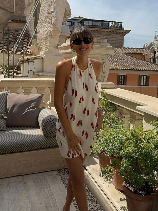 Rochie scurtă cu imprimeu Chilli Halter, la modă pentru femei, fără mâneci, fără spate, largi, sexy, mini rochii pentru petrecerea de vară pentru femei, haine de club