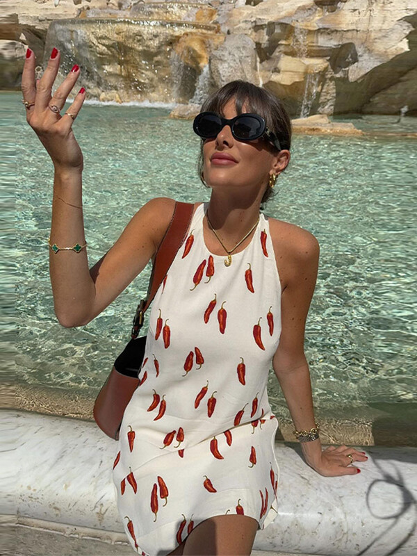 Rochie scurtă cu imprimeu Chilli Halter, la modă pentru femei, fără mâneci, fără spate, largi, sexy, mini rochii pentru petrecerea de vară pentru femei, haine de club