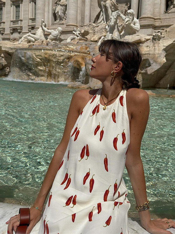 Rochie scurtă cu imprimeu Chilli Halter, la modă pentru femei, fără mâneci, fără spate, largi, sexy, mini rochii pentru petrecerea de vară pentru femei, haine de club