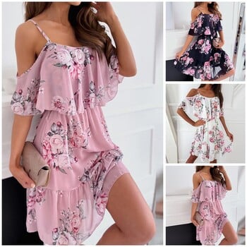 Γυναικείο φόρεμα Ruffle Spaghetti Strap Patchwork Mini Dress Off Shoulder κοντά μανίκια Lady Sling φόρεμα για παραλία