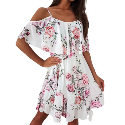 Γυναικείο φόρεμα Ruffle Spaghetti Strap Patchwork Mini Dress Off Shoulder κοντά μανίκια Lady Sling φόρεμα για παραλία