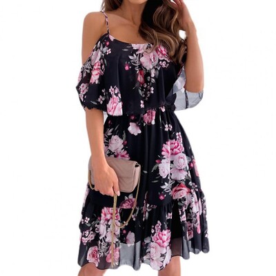 Γυναικείο φόρεμα Ruffle Spaghetti Strap Patchwork Mini Dress Off Shoulder κοντά μανίκια Lady Sling φόρεμα για παραλία