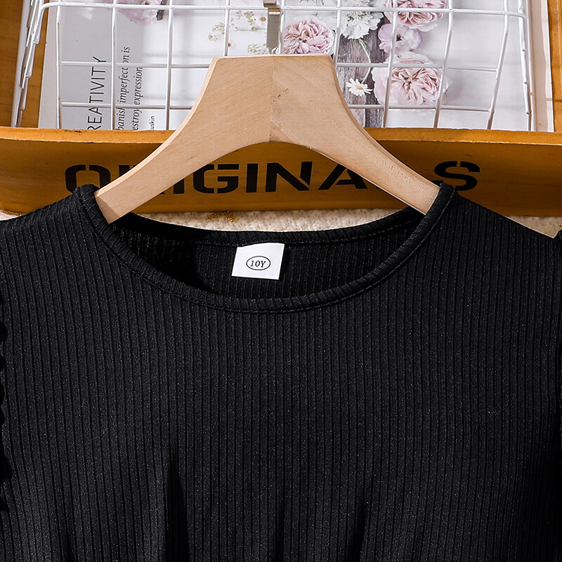 Vaikiška suknelė 8-12 metų mergaičių žiedlapių rankovėmis juodas taškuotas sijonas ir diržas Elegantiška princesės gimtadienio vakarėlio rūbai kasdienė suknelė