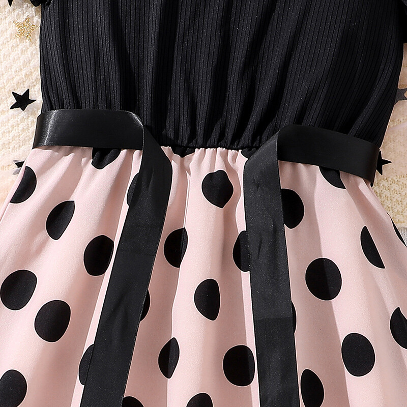 Vaikiška suknelė 8-12 metų mergaičių žiedlapių rankovėmis juodas taškuotas sijonas ir diržas Elegantiška princesės gimtadienio vakarėlio rūbai kasdienė suknelė