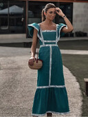 Fashion Print Φόρεμα Γυναικείο Κομψό τετράγωνο γιακά ιπτάμενο μανίκι Γυναικεία μάξι φορέματα 2024 Spring Summer Vacation Lady Vestidos