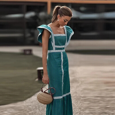 Fashion Print Φόρεμα Γυναικείο Κομψό τετράγωνο γιακά ιπτάμενο μανίκι Γυναικεία μάξι φορέματα 2024 Spring Summer Vacation Lady Vestidos