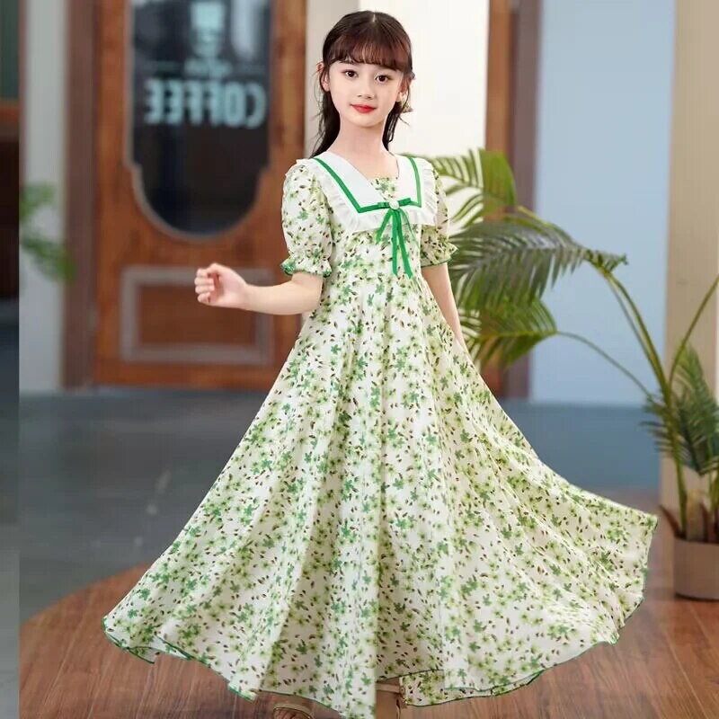 Tüdrukute suvine lühikeste varrukatega lilleline lumehelbega pikk kleit lasteriided suvine printsessi kleit Korea stiilis polüesterkangas