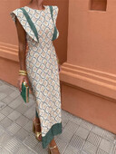 Μακρυ φόρεμα με αντίθεση vintage εκτύπωσης για Γυναικεία Μόδα O λαιμό ιπτάμενα μανίκια Slim Vestido 2024 Chic Summer Lady Street Robe