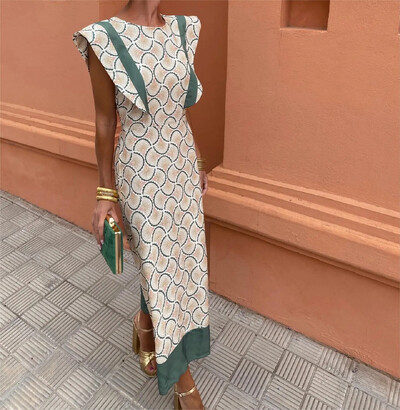 Μακρυ φόρεμα με αντίθεση vintage εκτύπωσης για Γυναικεία Μόδα O λαιμό ιπτάμενα μανίκια Slim Vestido 2024 Chic Summer Lady Street Robe