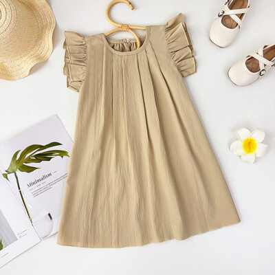 Bear Leader 3-7 a Beebitüdrukute printsesskleidid Ümarkaelusega suvised ühevärvilised lastekleitid Lendav varrukas, plisseeritud roosad tüdrukute riided