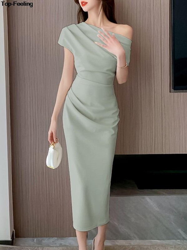 Elegantsed õlavabad õhtupeokleidid Naiste suvemood õhukesed ühes tükis soliidsed Vestidos Korea koolilõpumantlid