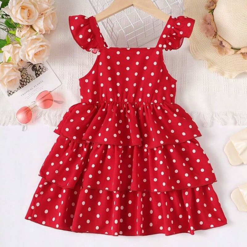 Tüdrukute täpilise trükiga kärbsevarrukatega vibutordikleit suvine