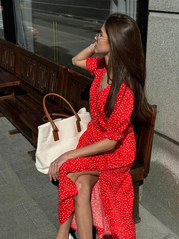 Bornladies Red Polka Dot Dress Women Summen Loose V-образно деколте Модна и елегантна дълга пола за офис дама Универсална рокля за пътуване